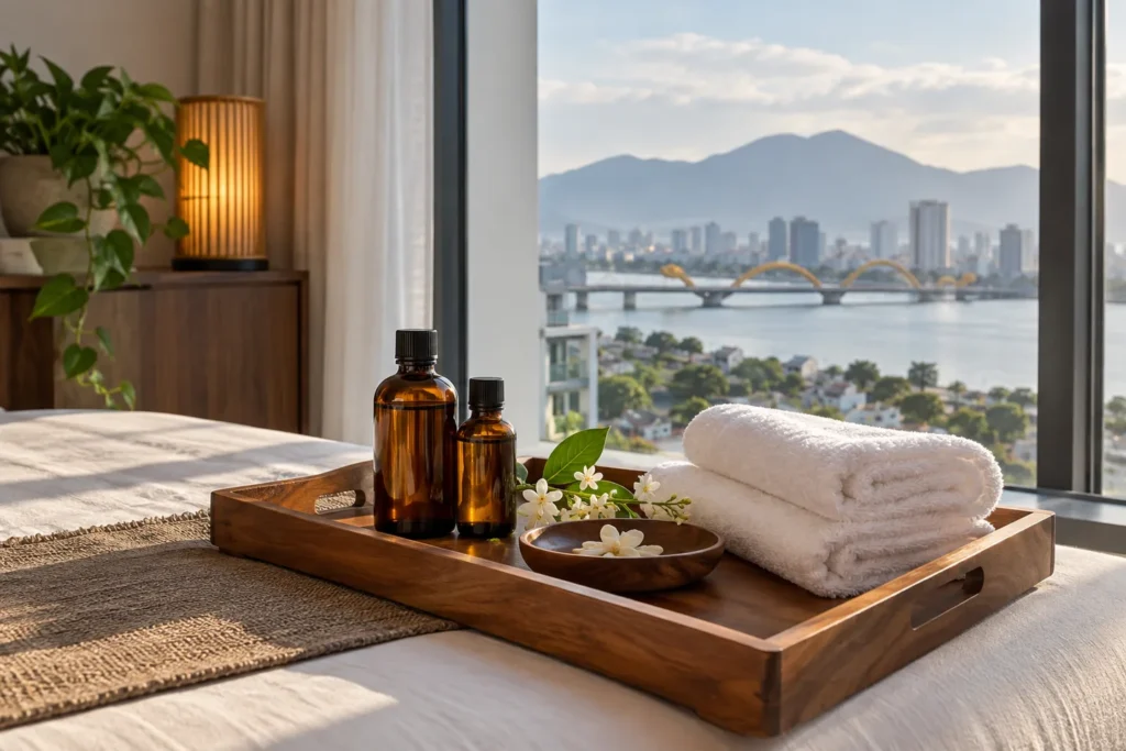 Amber aromatic oil bottles and fresh towels by a window