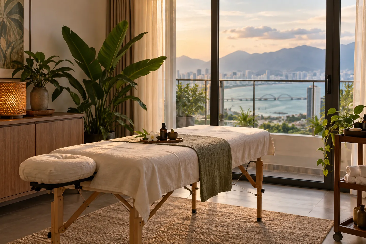 Botanical leaves beside an aromatherapy massage table
