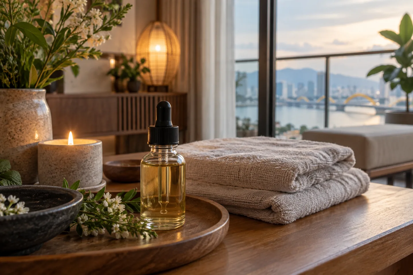 Dropper bottle of aromatic oil beside folded linen