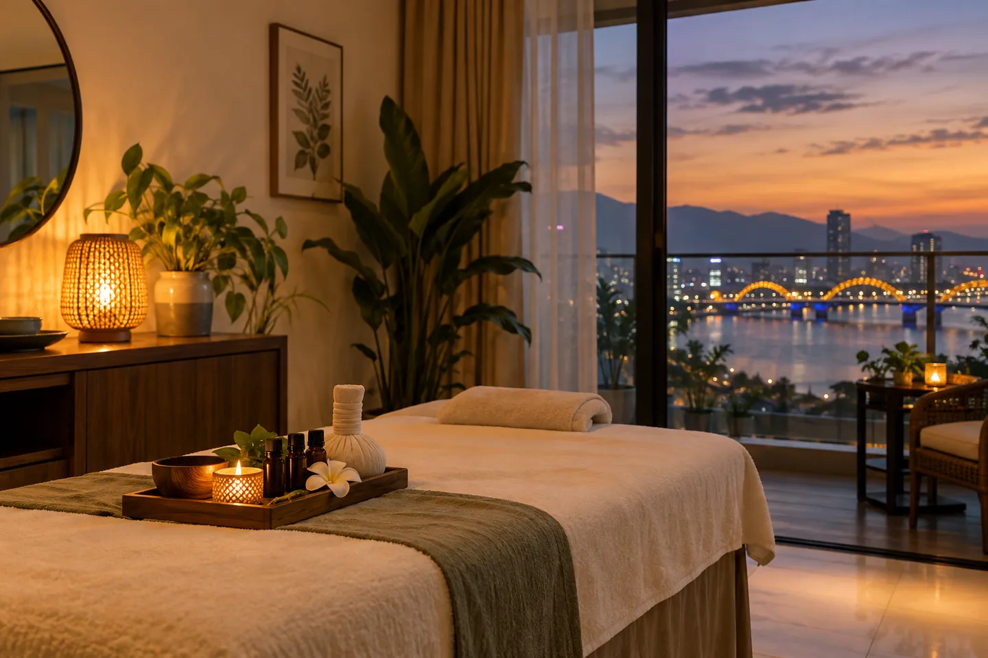 Evening home spa setup for aromatherapy massage