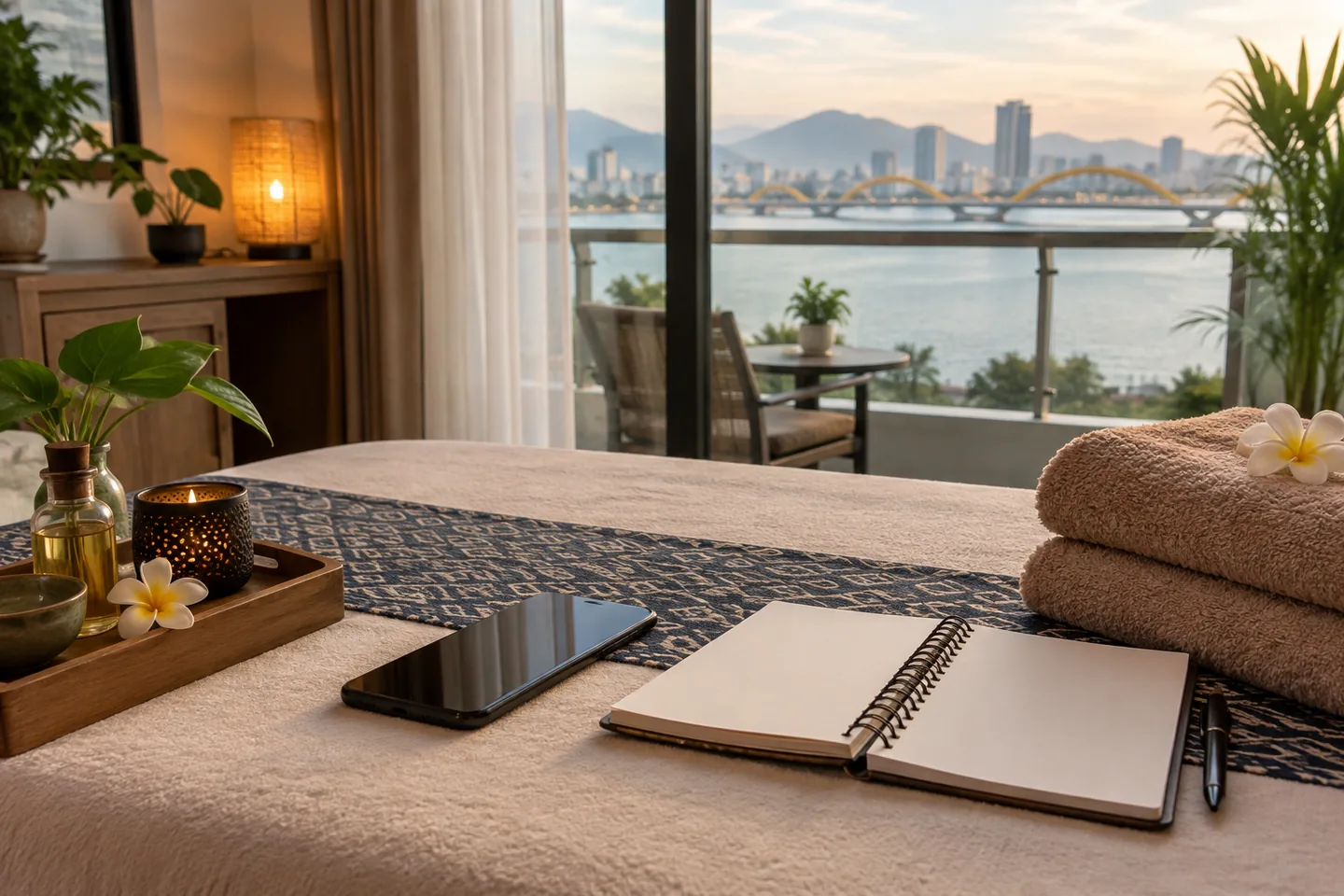 Phone and appointment notebook beside towels