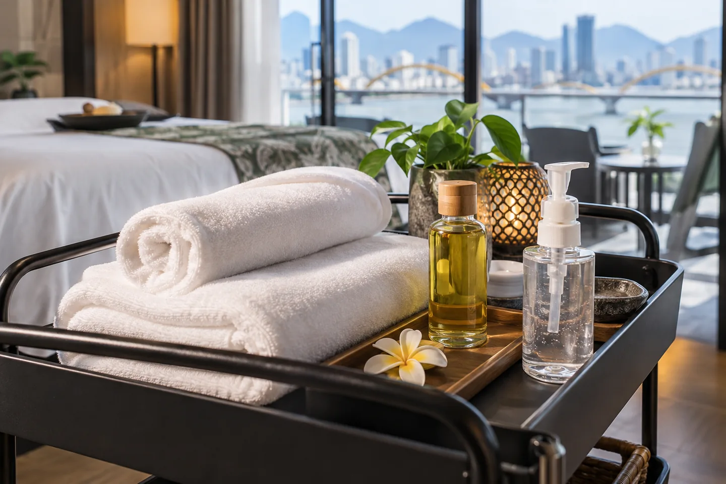 Fresh linen and sealed oil bottle on a spa trolley