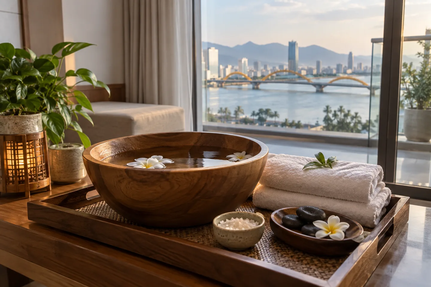 Warm water bowl and clean towels for foot massage