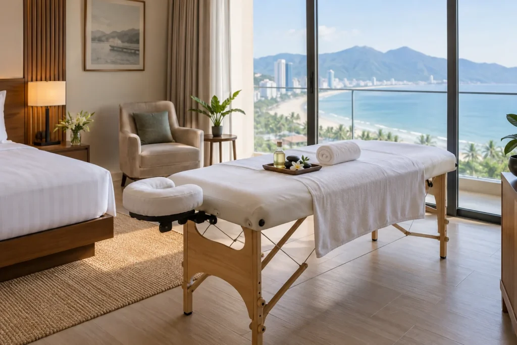 Portable massage table prepared for a full body session