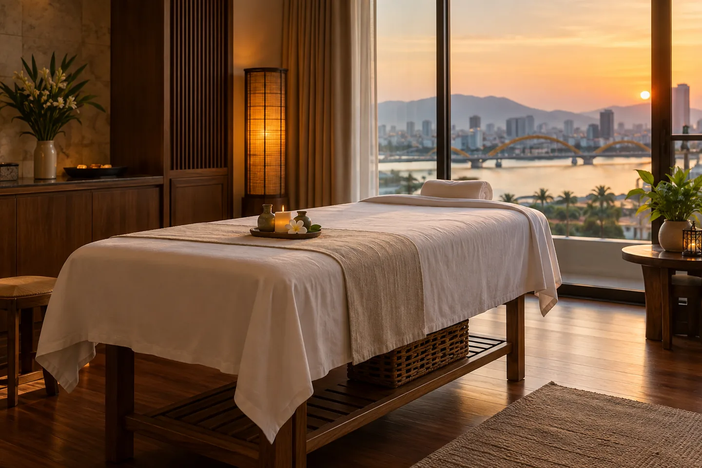 Clean draped treatment table in warm evening light