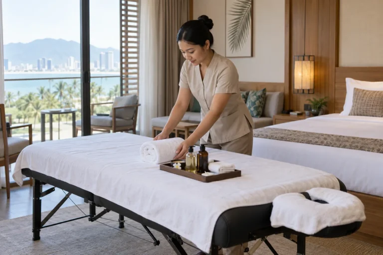 Therapist preparing a portable massage table in a Da Nang hotel room
