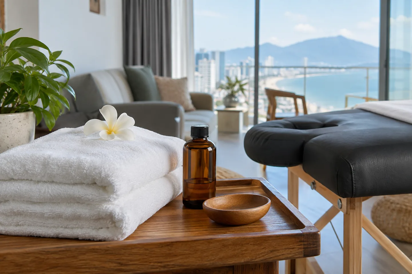 Clean towels and massage oil prepared for an at-home session