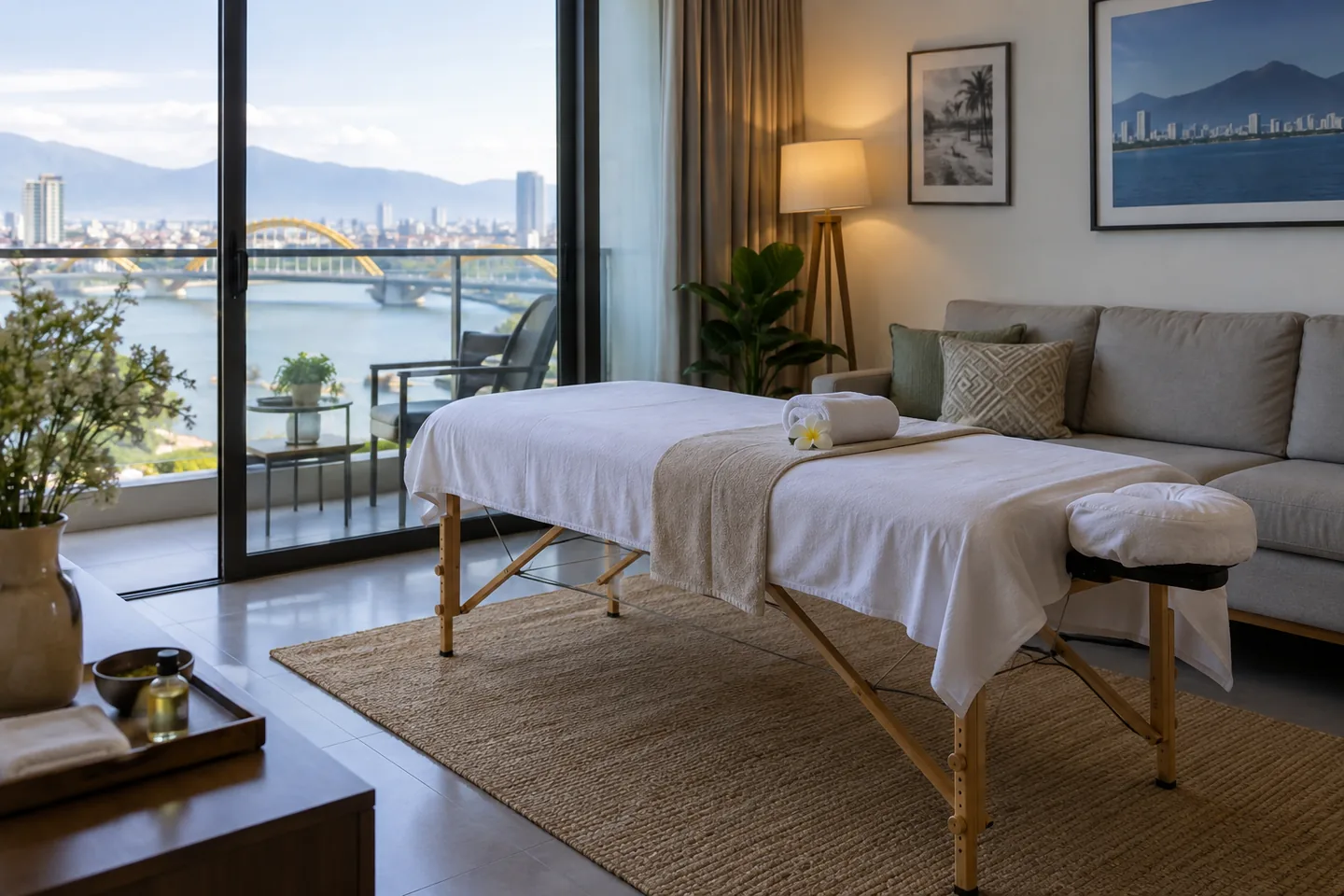 Apartment living room prepared for a home massage appointment