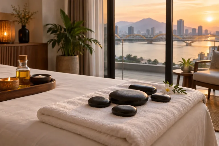 Smooth dark massage stones on clean white linen