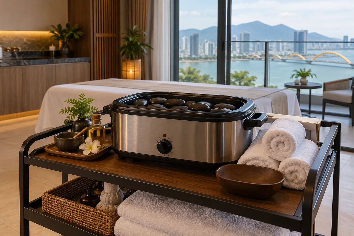 Hot stone warming unit beside towels on a spa trolley