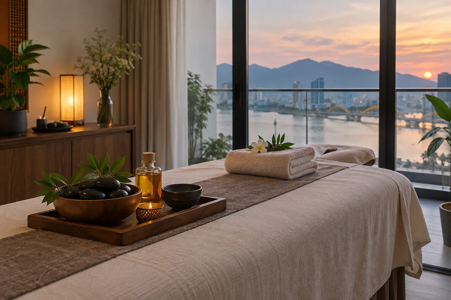 Warm stones and massage oil in a home treatment room