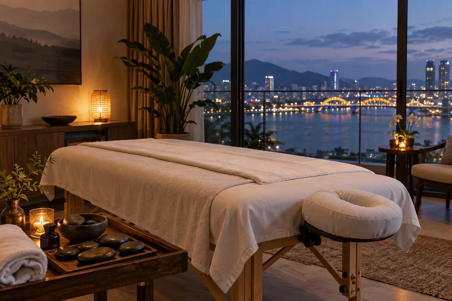Portable massage table and hot stones on a tray