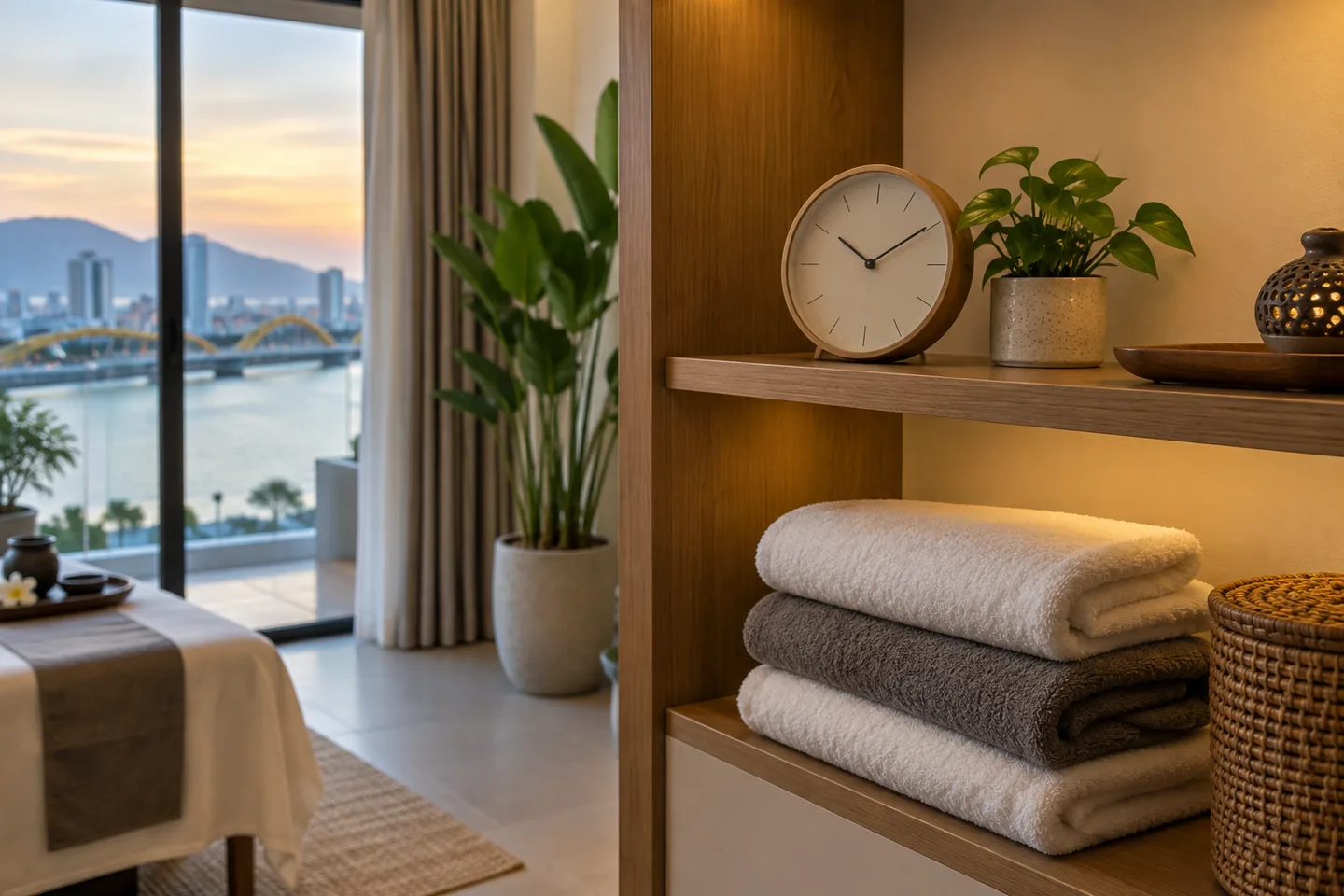 Clock above folded towels in a home massage room