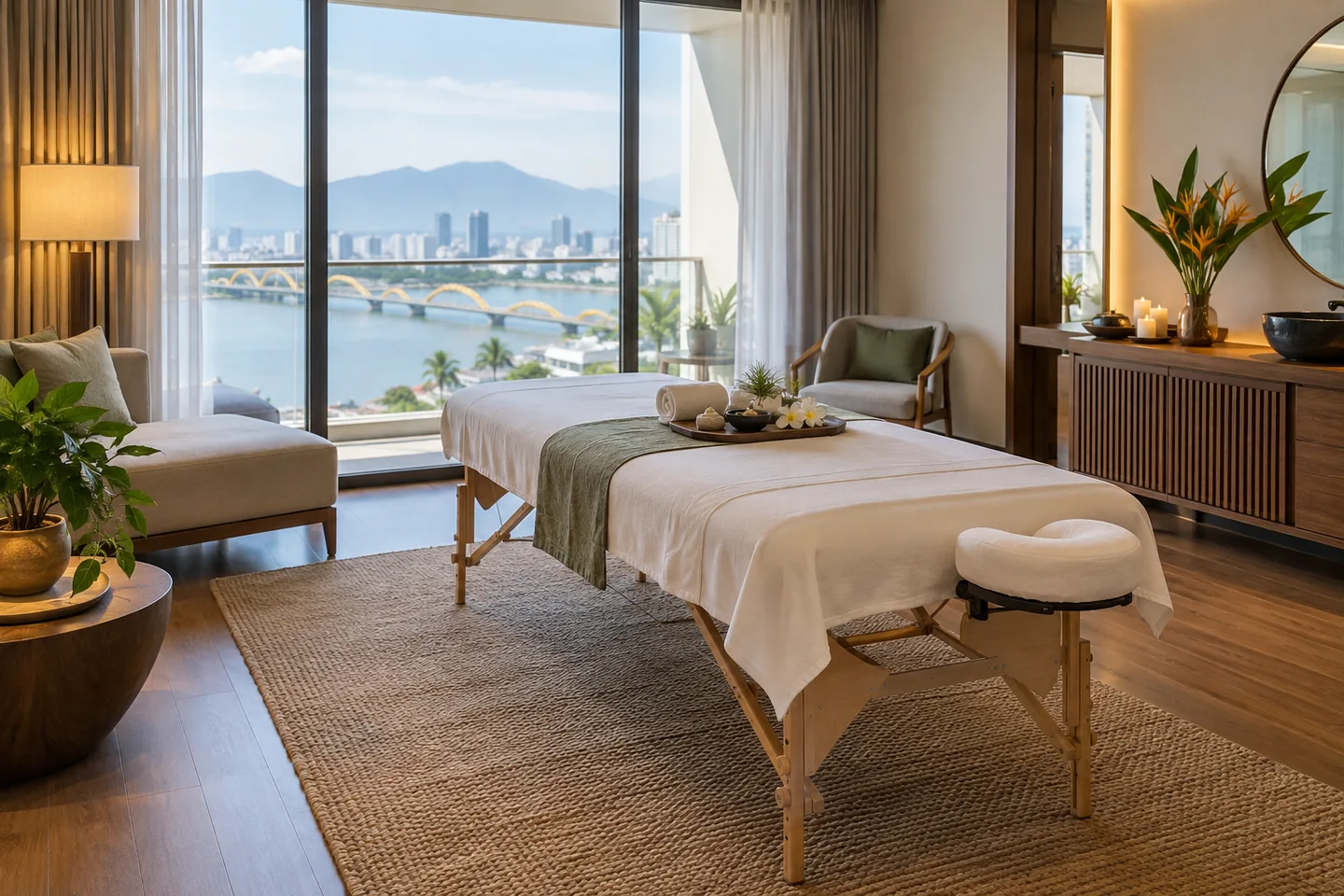 Hotel suite with room for a portable massage table