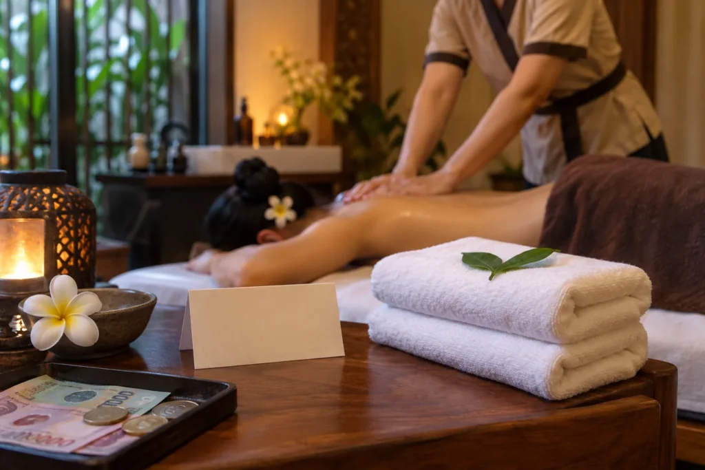 Towels and Vietnamese currency beside a home massage table