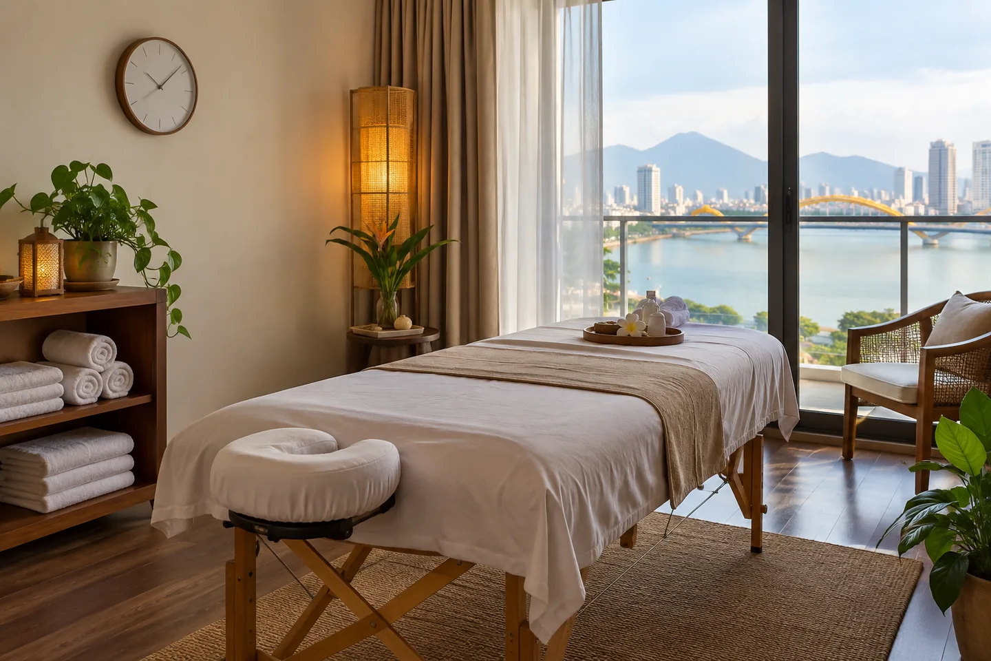Clock and prepared treatment room for a timed massage booking