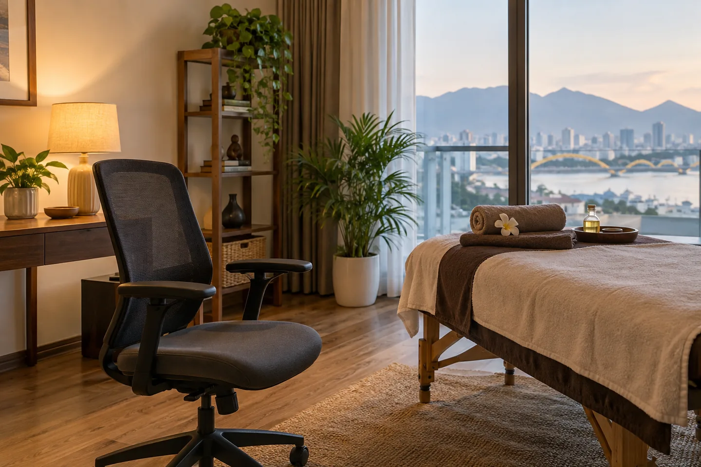 Office chair and massage towels in a calm room