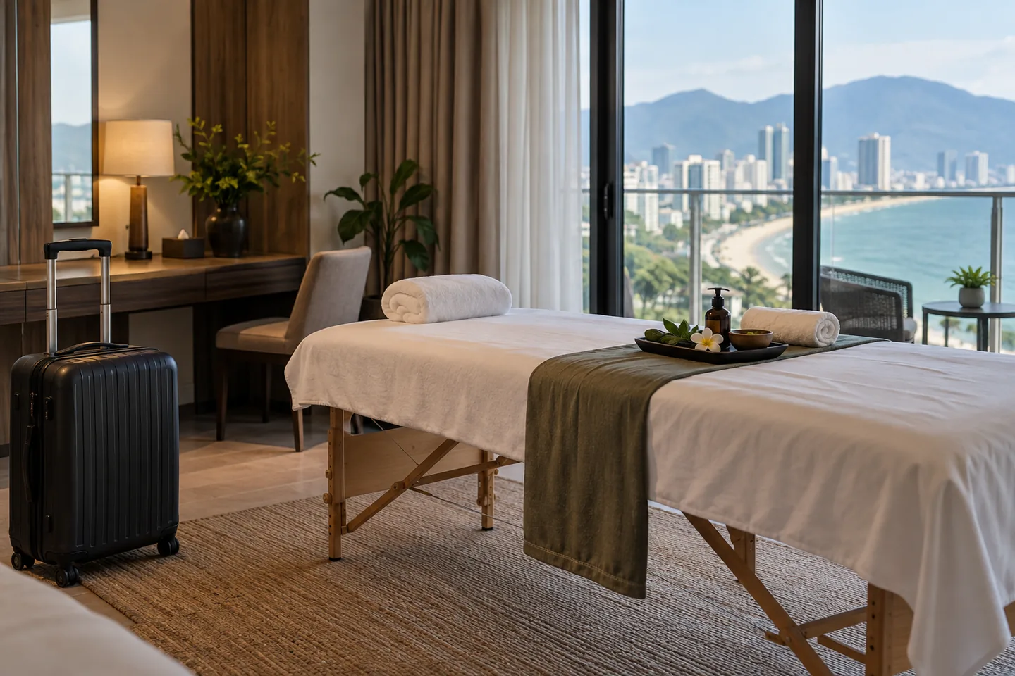 Hotel room and travel suitcase beside prepared massage table