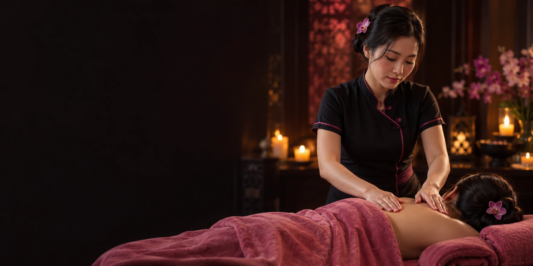 A professional therapist providing a shoulder massage in a warm, candlelit spa