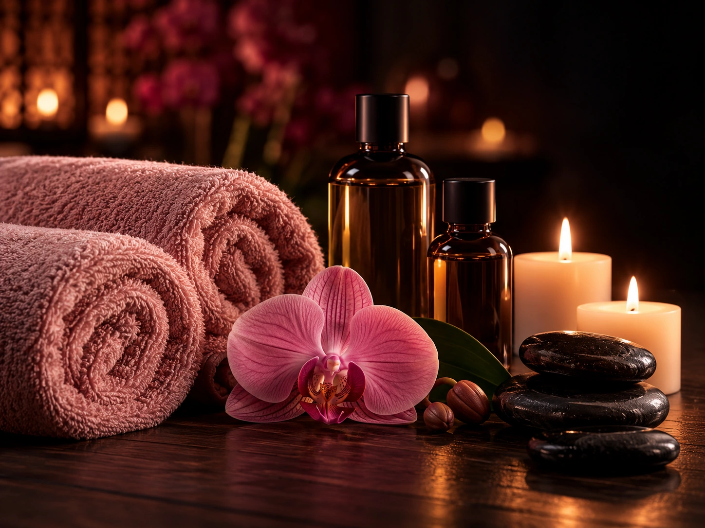 Blush towels, orchids, massage oils, black stones and glowing candles