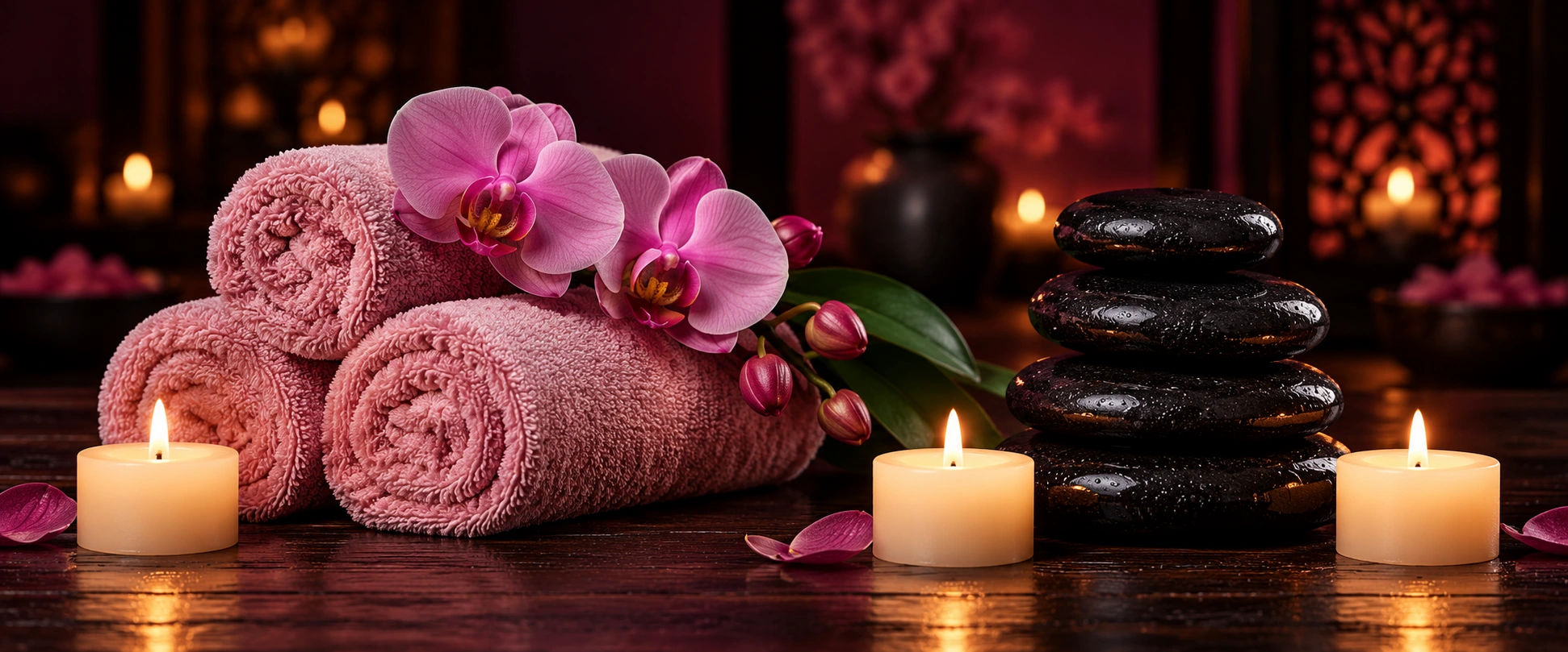 Pink spa towels and an orchid beside candles and black massage stones