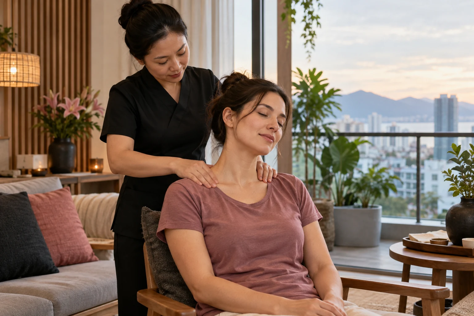 Clothed guest receiving a seated shoulder massage in an airy room