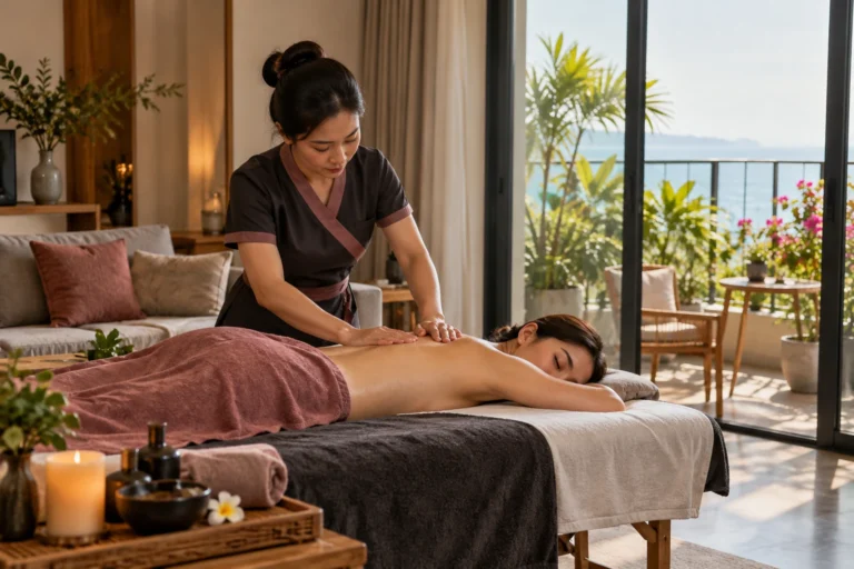 Professional therapist providing a back massage to a covered adult guest in a bright apartment