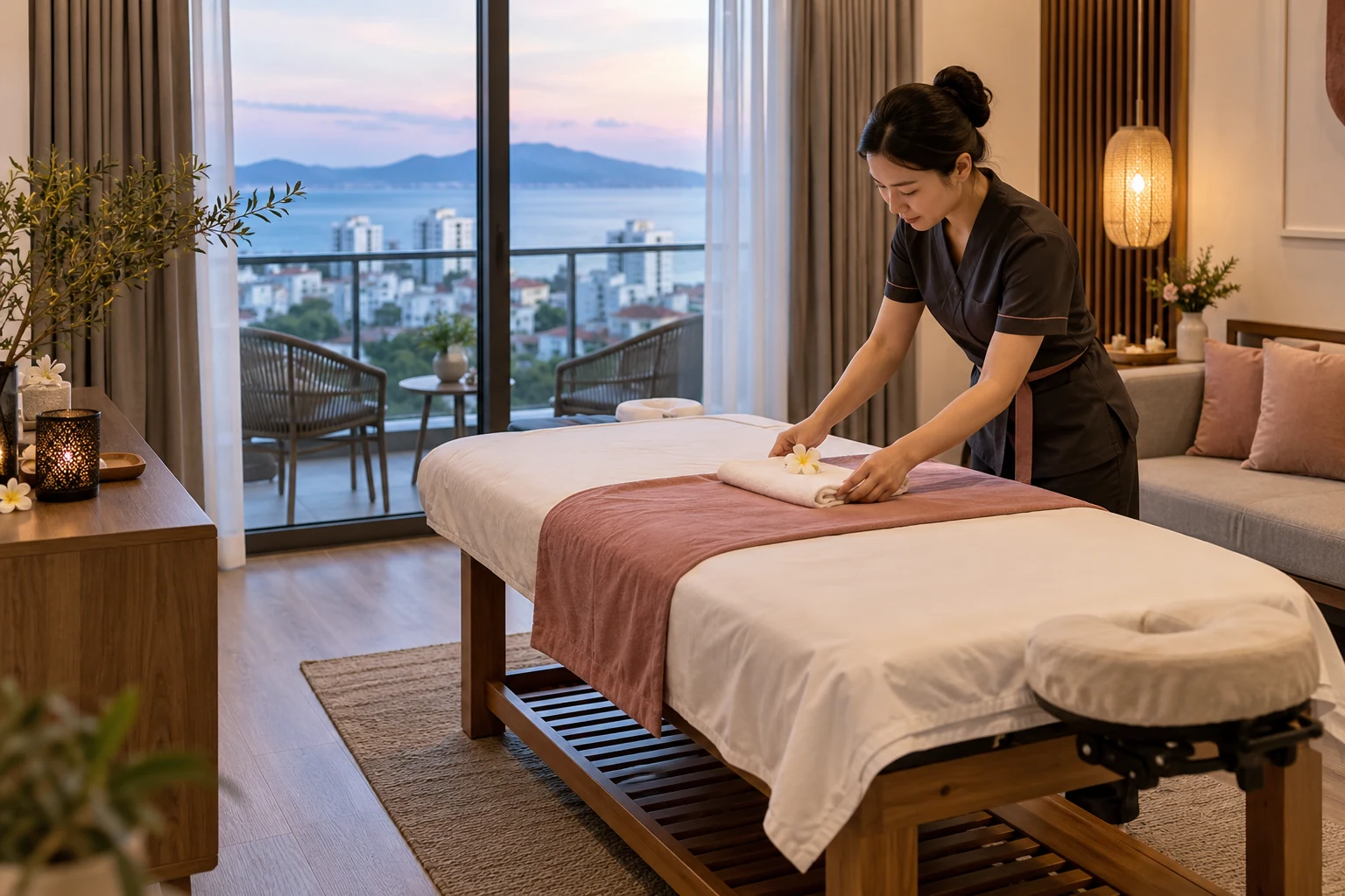 Therapist arranging clean linens in an apartment massage space