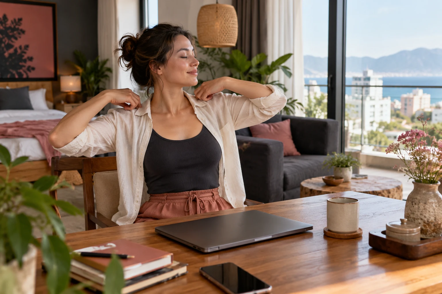 Remote worker taking a shoulder stretch after closing a laptop