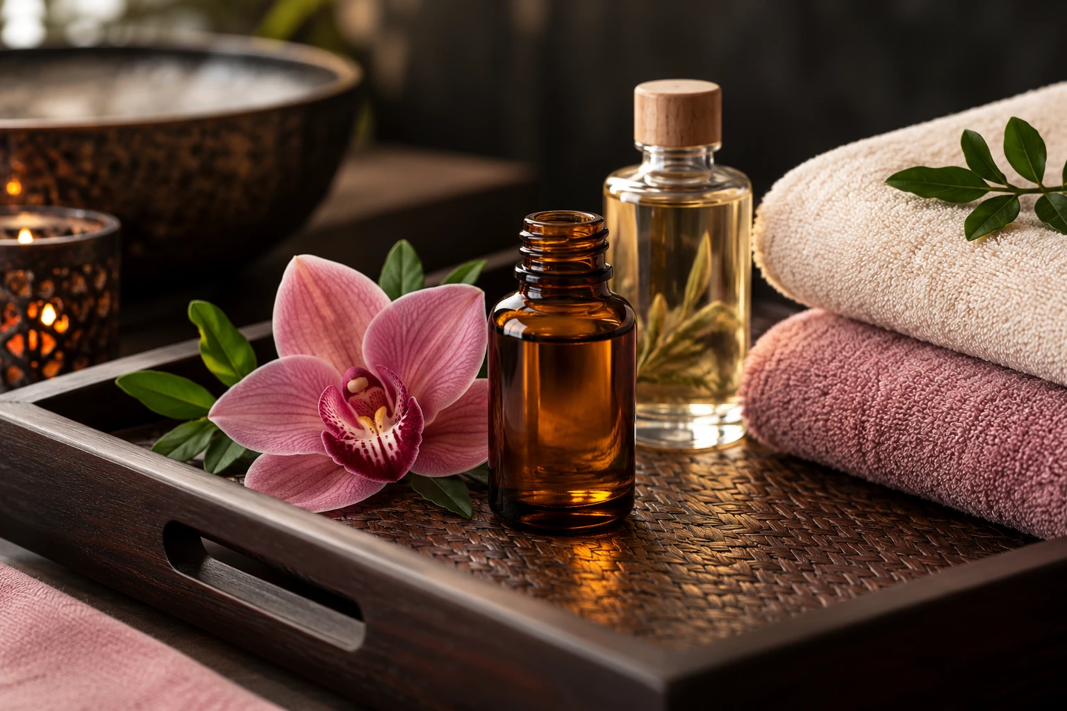 Amber massage oil bottles, rose towels and a pink orchid on a dark wooden tray