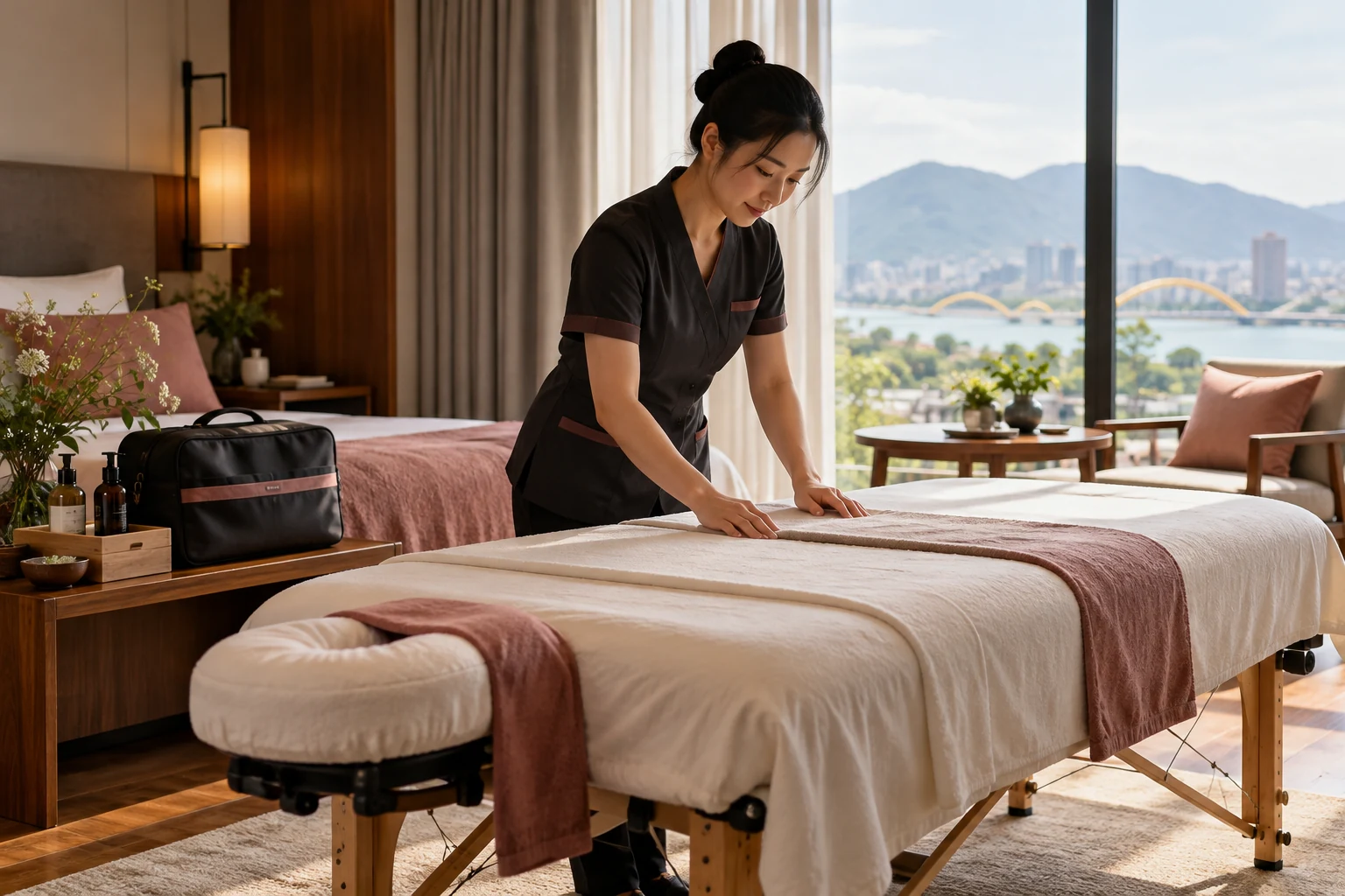 Massage table and therapist bag prepared in a quiet hotel room