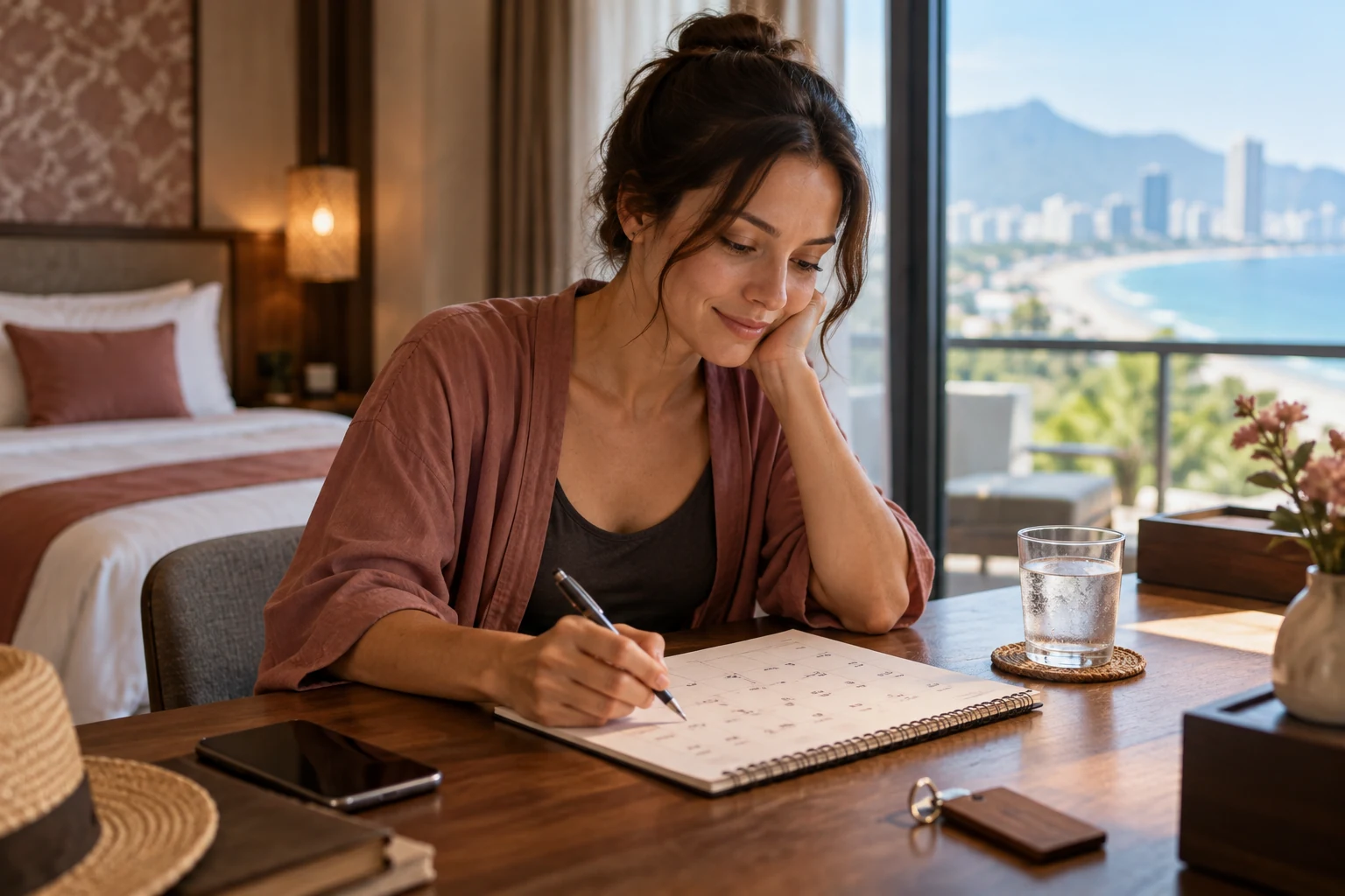 Traveler planning an appointment with a calendar and room key