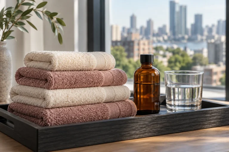Ivory and rose towels, massage oil and water beside an apartment window