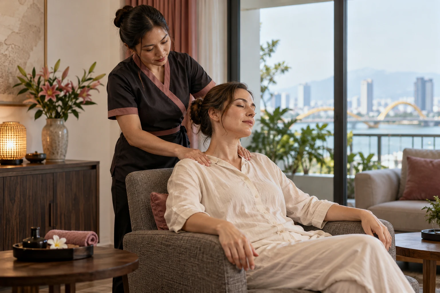 Clothed guest receiving a seated shoulder massage beside an apartment window