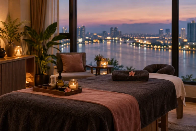Massage table prepared beside a window with blurred river lights