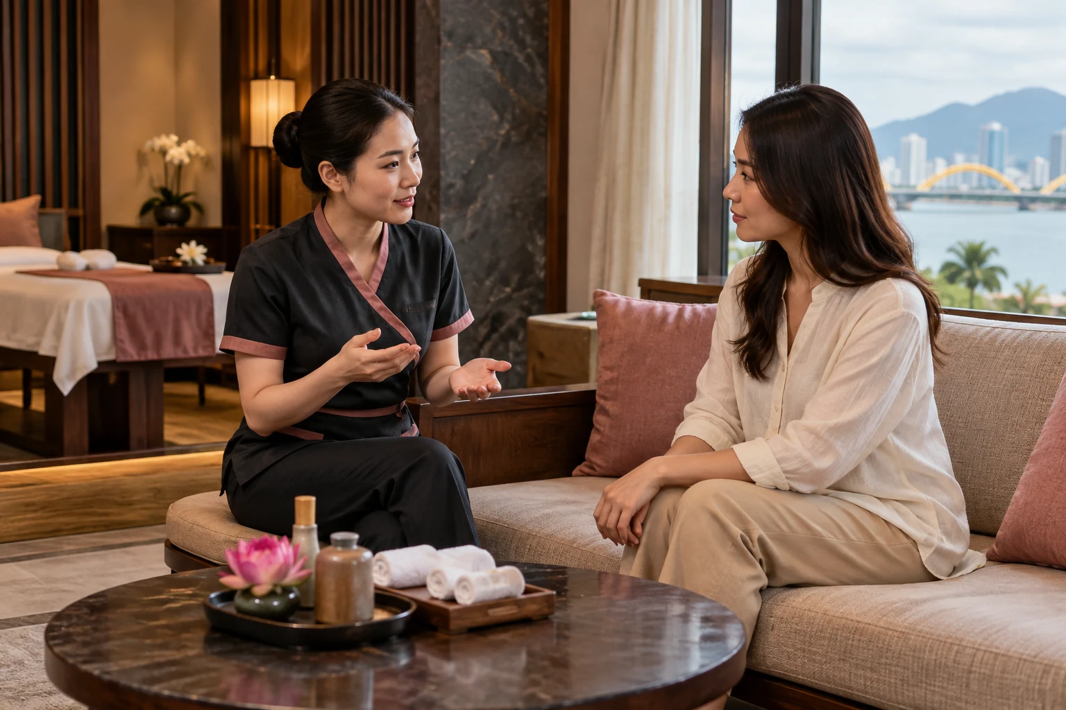 Uniformed therapist discussing session preferences with a clothed guest beside a river-view window