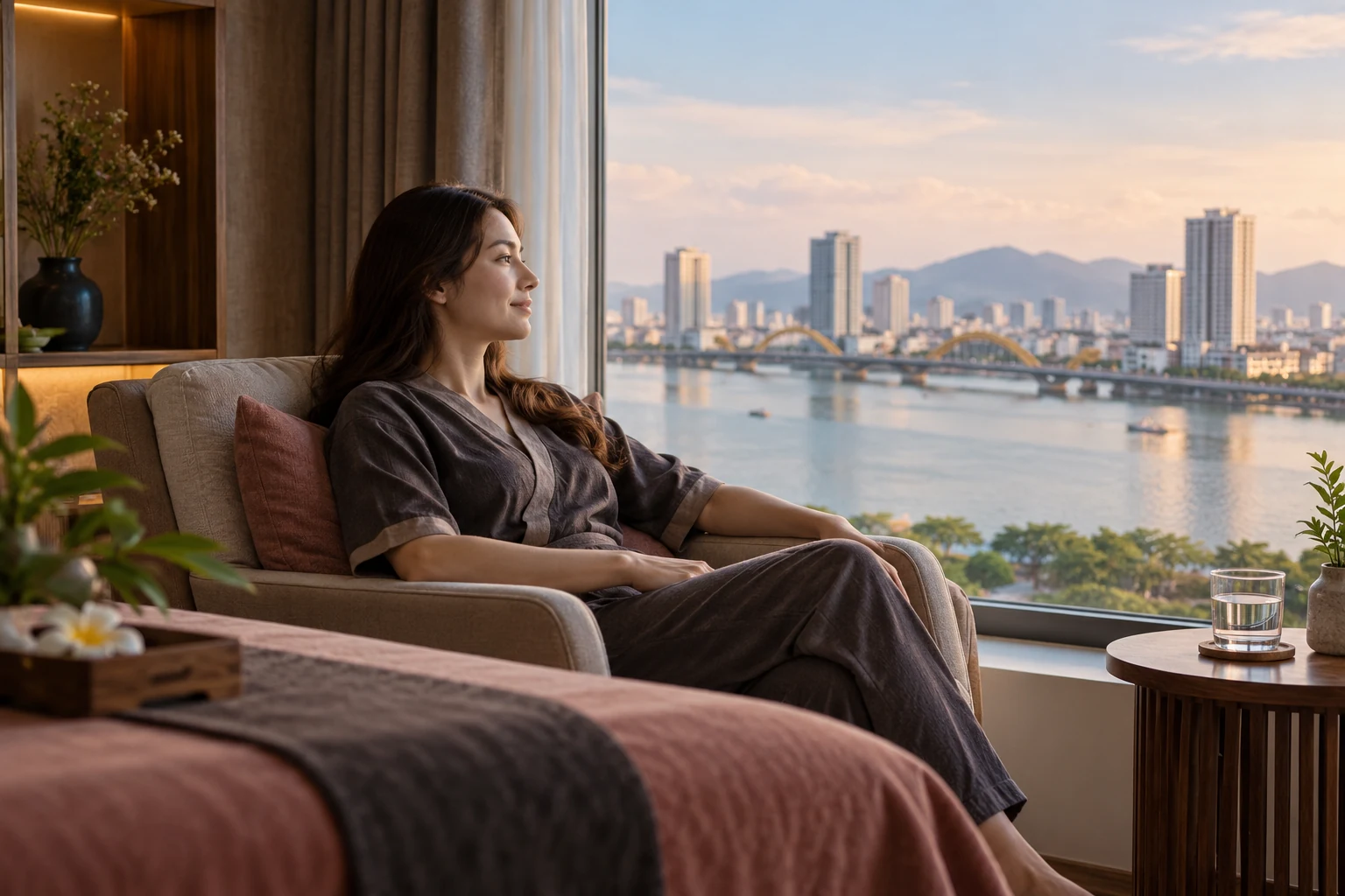 Clothed guest relaxing beside an urban river-view window