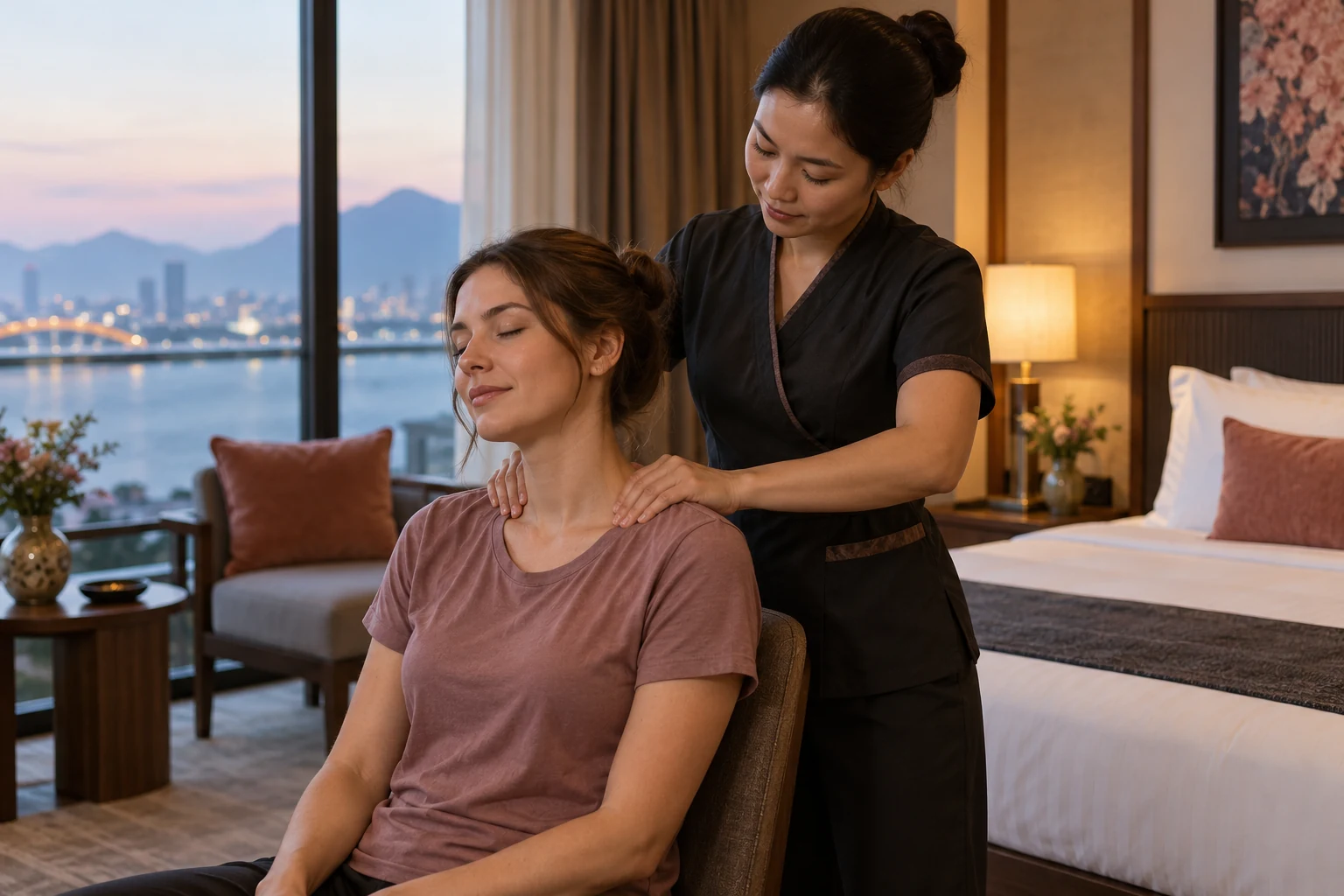 Clothed guest receiving a seated shoulder massage beside a room window