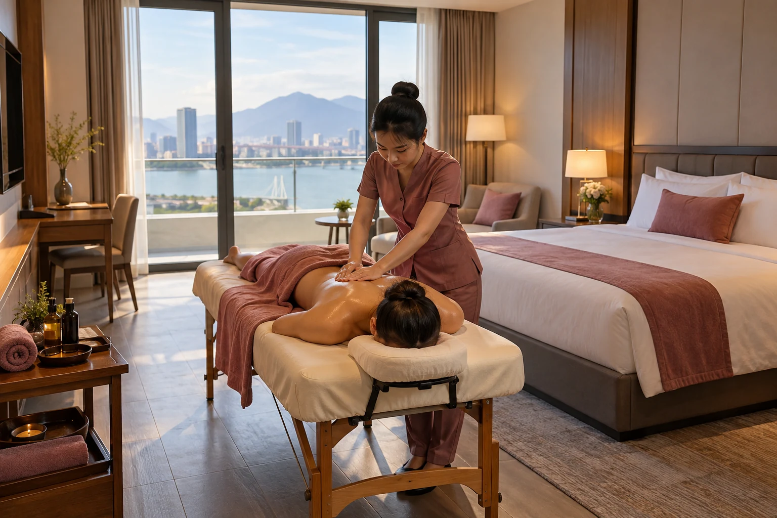 Therapist providing a back massage to a covered adult guest in a spacious hotel room