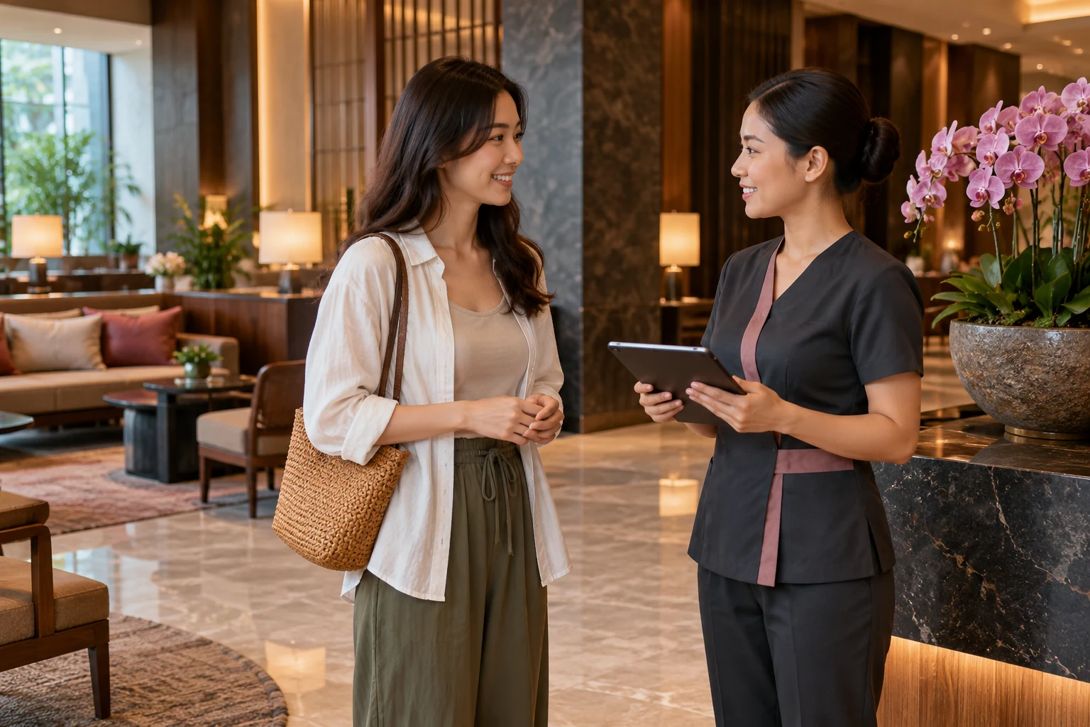 Guest and uniformed therapist speaking in a hotel lobby