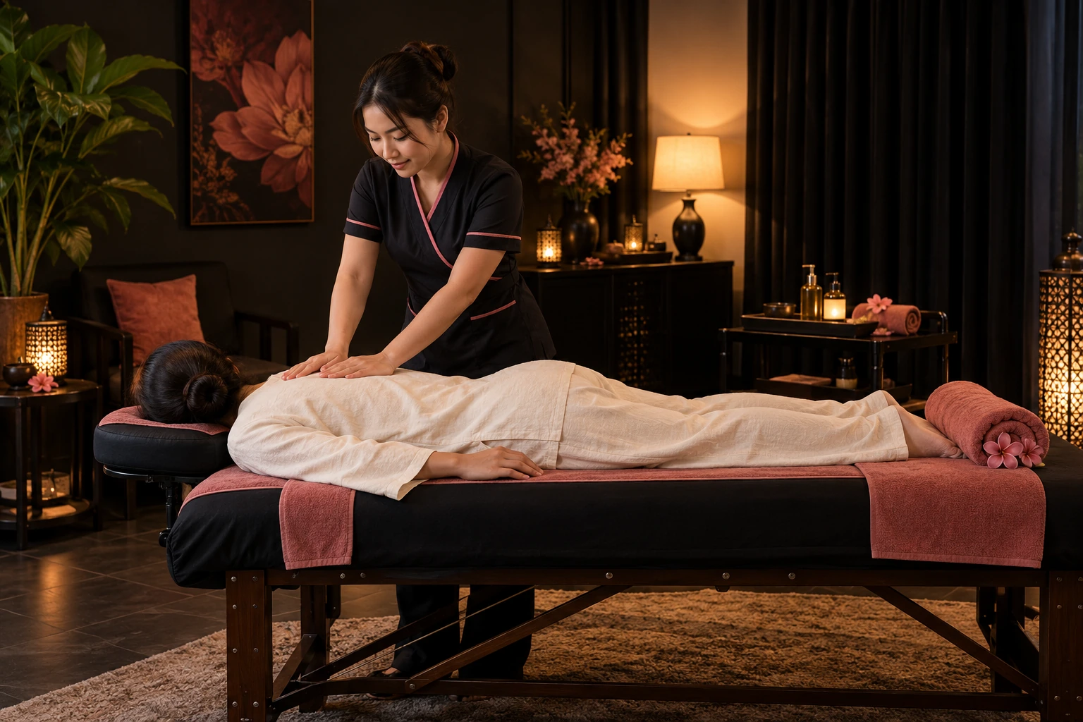 A fully clothed customer receiving a professional body massage in a warm room with rose towels