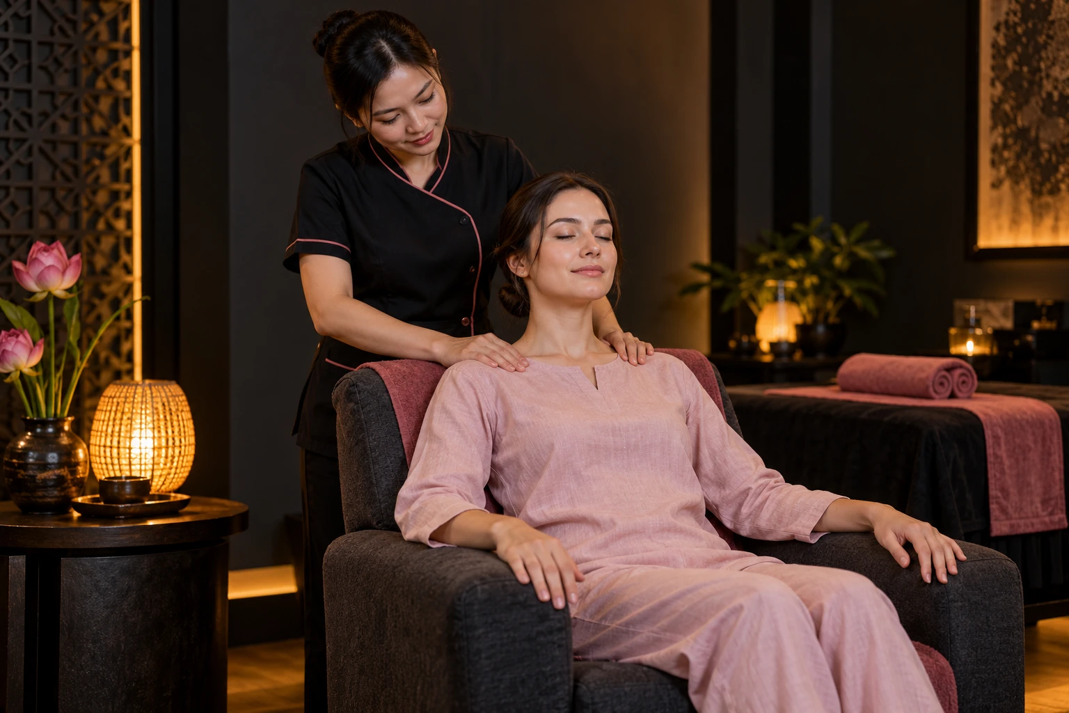 A therapist providing a gentle shoulder massage to a fully clothed customer in a warm spa room