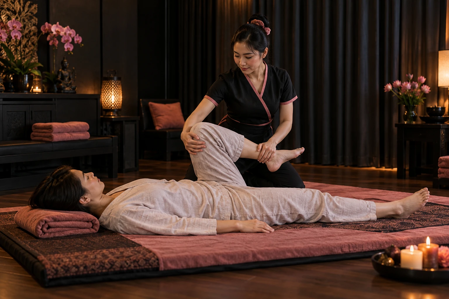 A fully clothed customer receiving a supported leg stretch on a padded mat during a Thai-style massage
