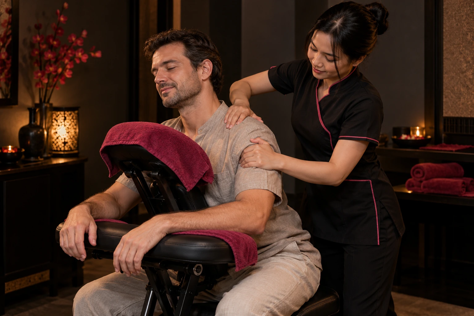 A professional therapist applying focused shoulder massage through a customer's shirt