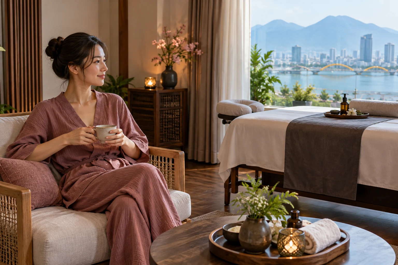 Relaxed clothed guest beside a prepared private massage space
