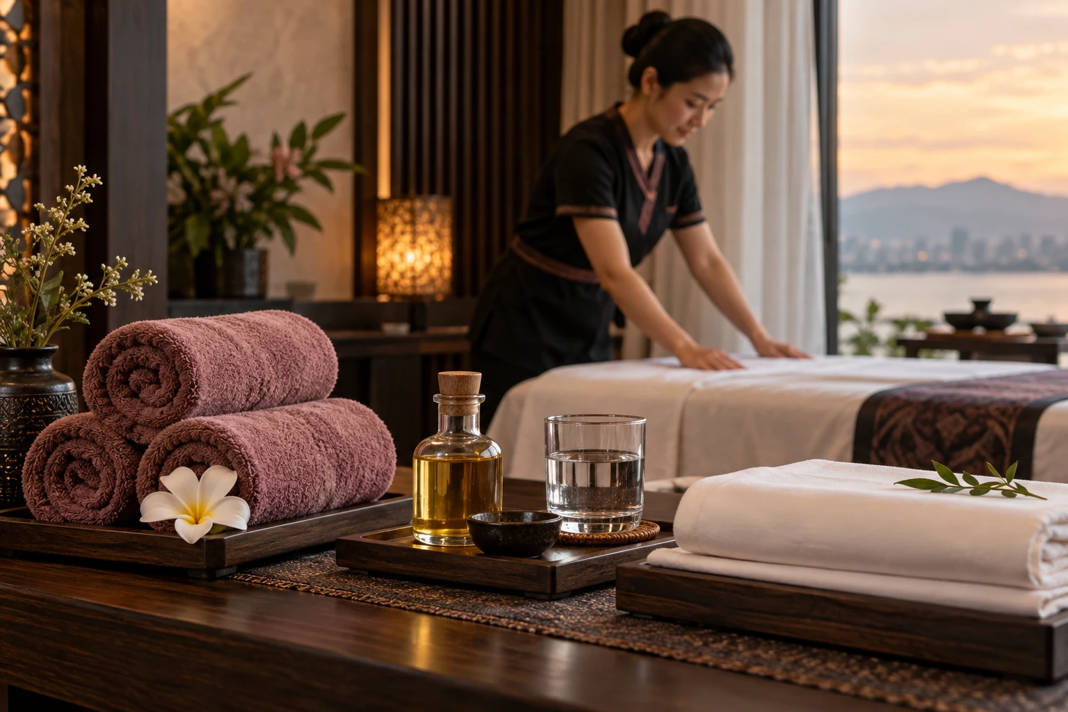 Clean towels, unlabeled massage oil and drinking water arranged on a table