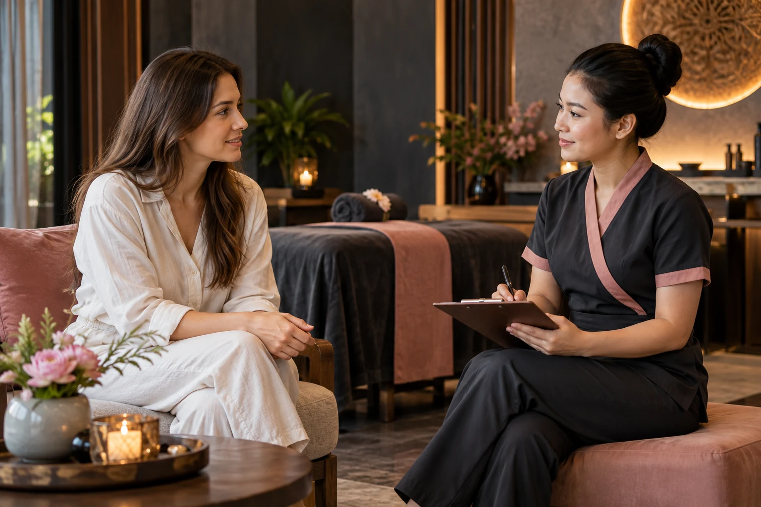 Clothed guest and therapist discussing preferences before a session