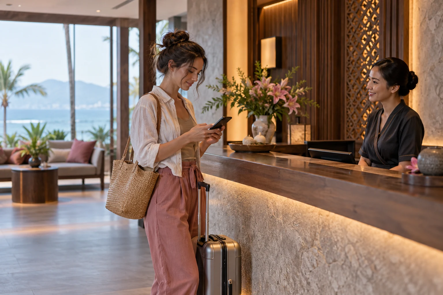 Traveler checking a phone near a hotel reception desk