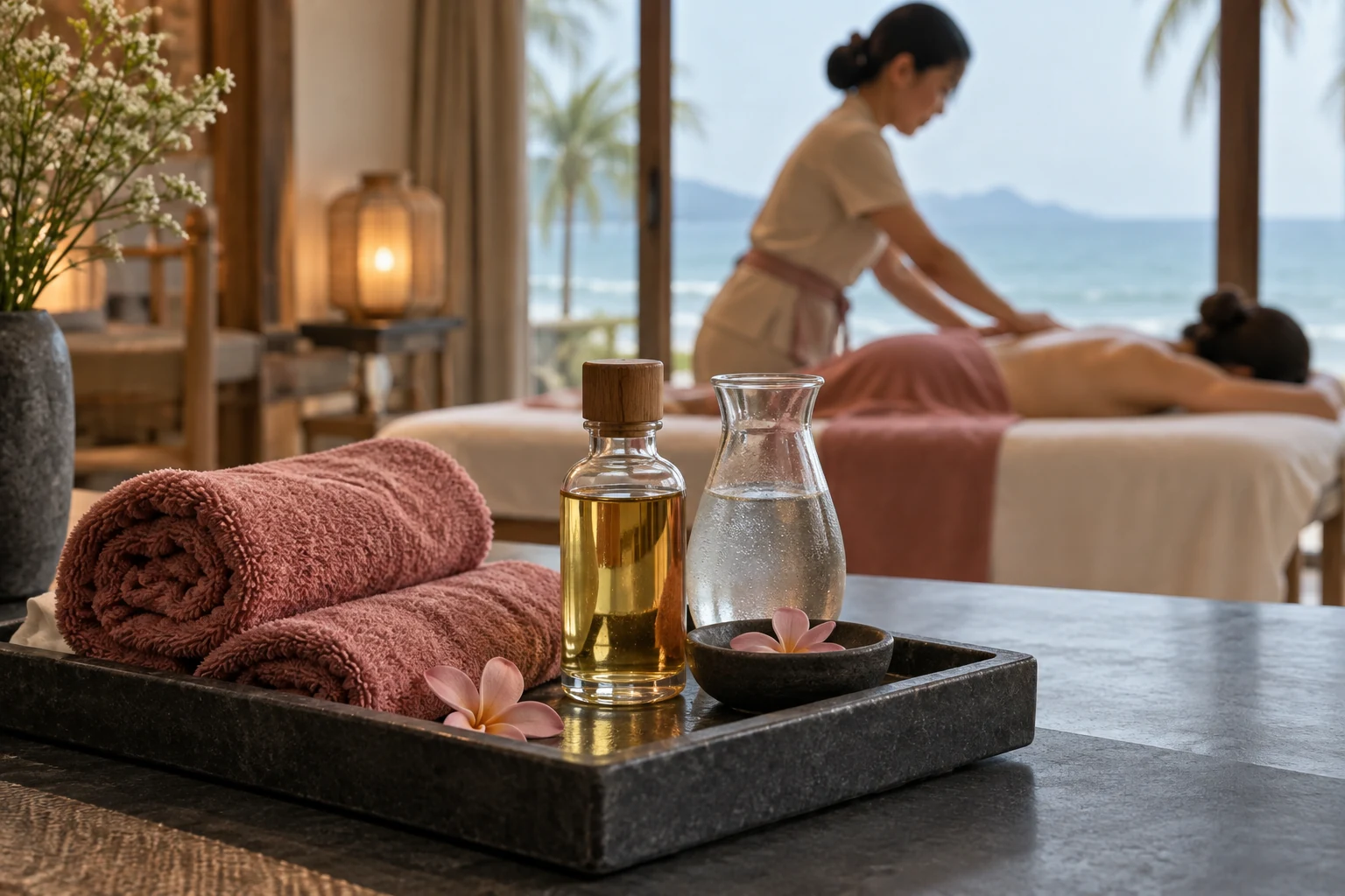 Towels and unlabeled massage oil on a tray in a coastal room