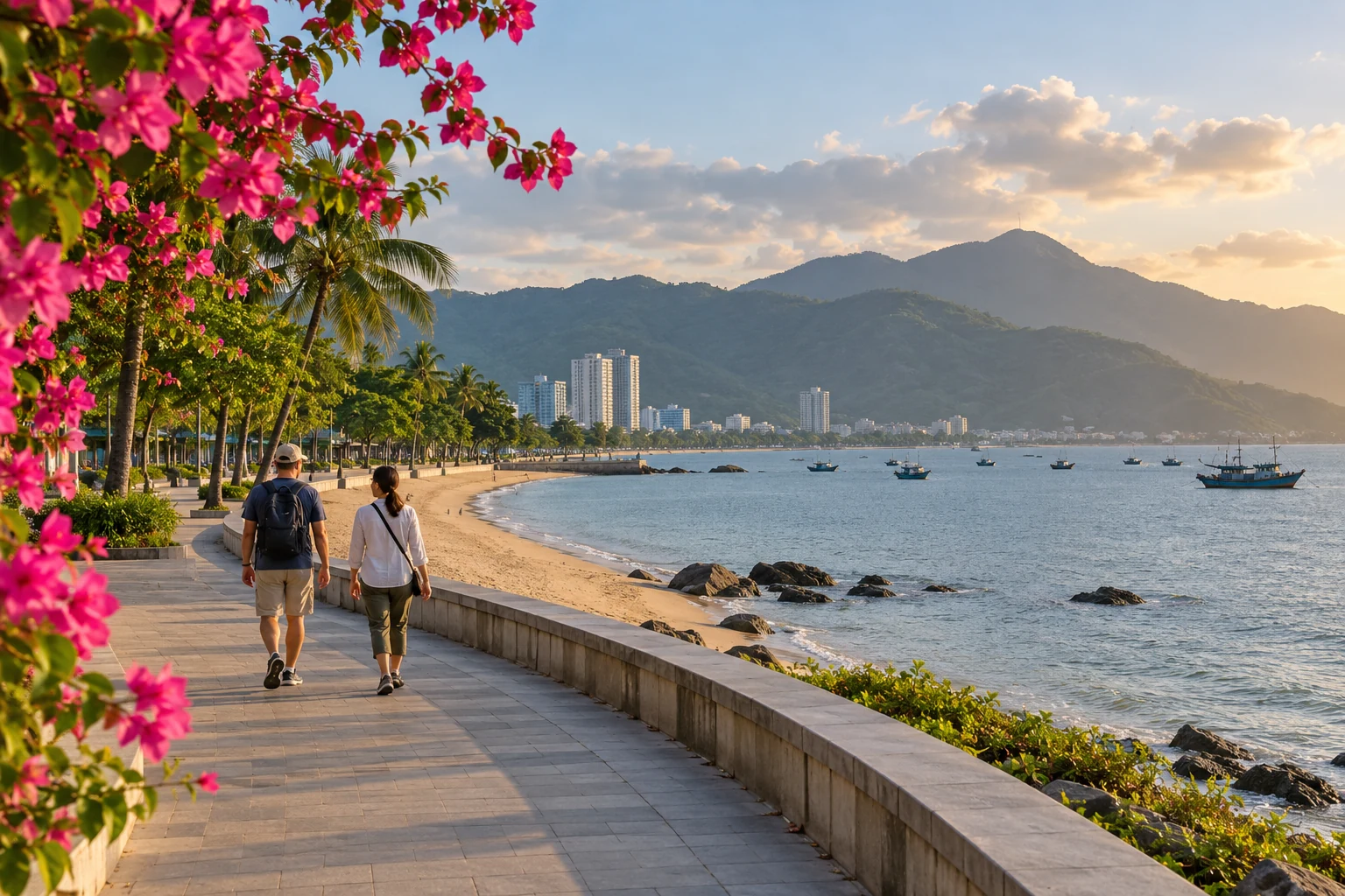 Adult couple walking beside a curved bay promenade with distant green hills in Da Nang